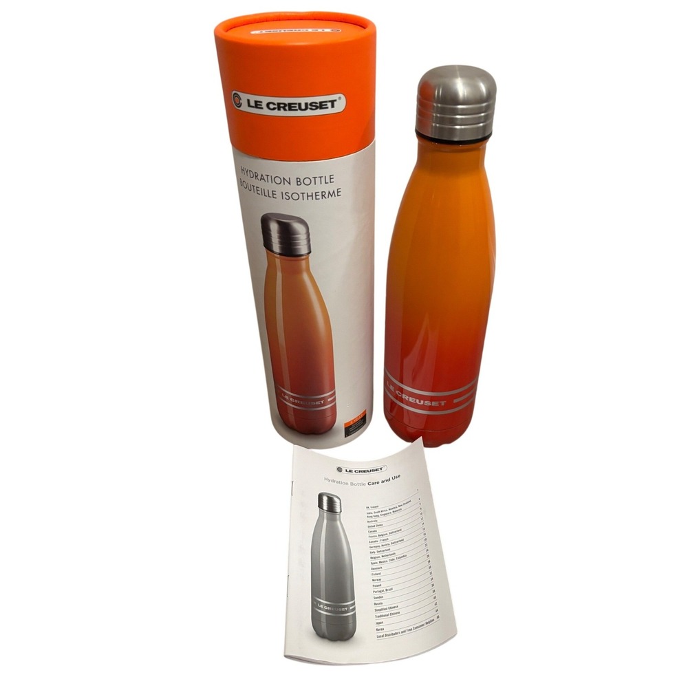NEW Le Creuset Volcanic Hydration Bottle 17oz Insulated Stainless Orange Red